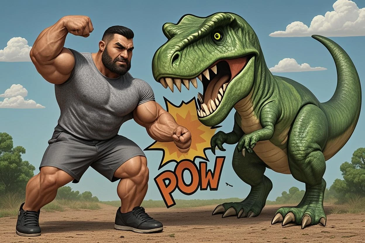 A tyrannosaurus bodybuilder wearing black swim trunks in the style of characters from the PIXAR studio.