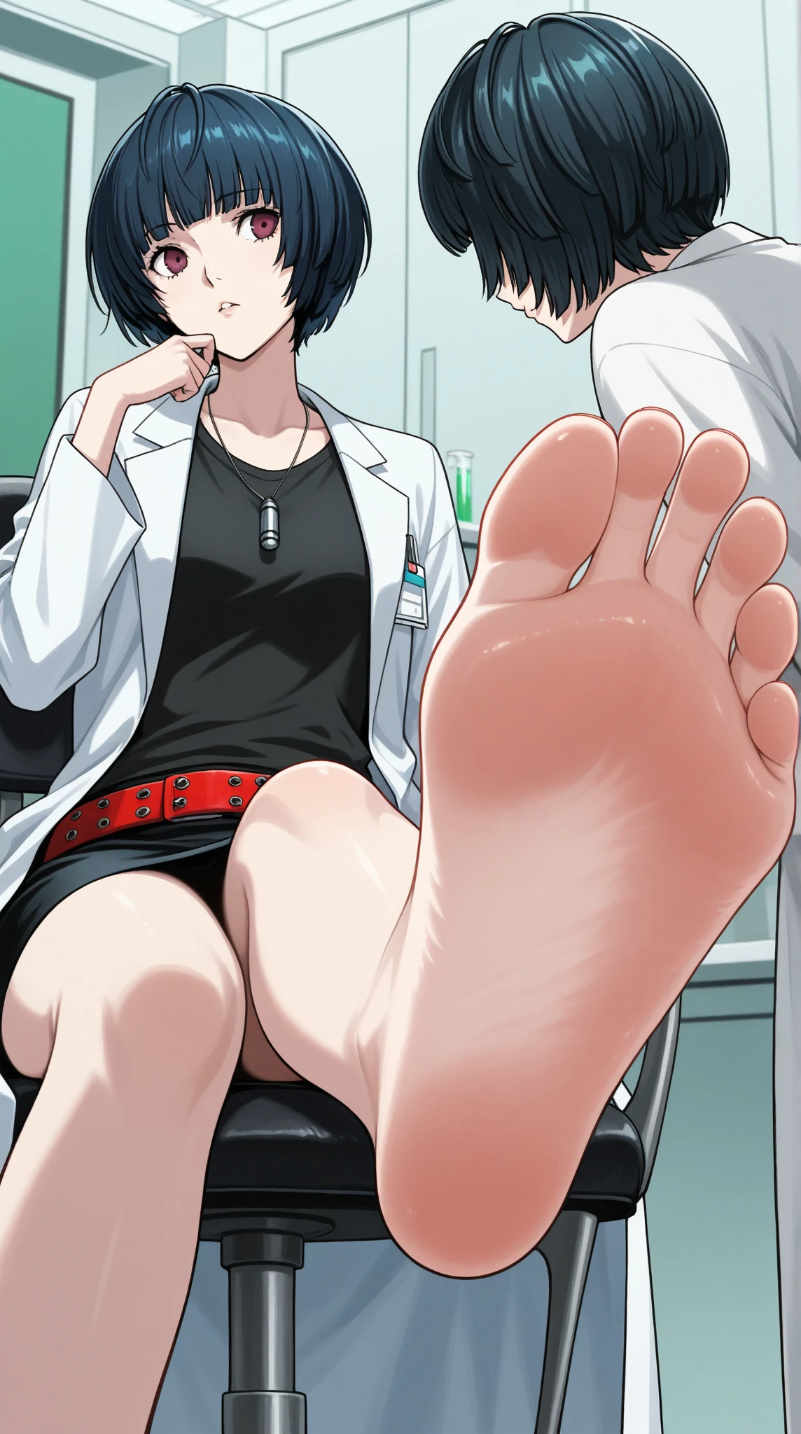 create the image of a 28 year old anime style character with short dark brown hair to the shoulder, round prescription glasses, skin fair, yellow seductive eyes, black jersey, lab coat and tailored pants, earrings and the body reasonably "big fit ass", she is lying on a stretcher without shoes with her beautiful feet tied in front and her hands tied to her sides, and she is laughing because she has 2 brushes tickling the soles of her feet which have 5 toes