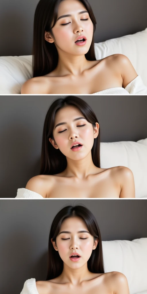 (masutepiece:1.3), (8K, Photorealistic, Raw photography, Best Quality: 1.4),  (Lifelike face),  (realskin), Beautiful Japan Woman、(fullnude:1.2)、(Angle from directly above:1.5)、(lie down:1.5)、length hair、(Colossal tits:1.5)、closing eye、Open your mouth wide、Wrinkles between the eyebrows、（a bed:1.5）、full bodyesbian、