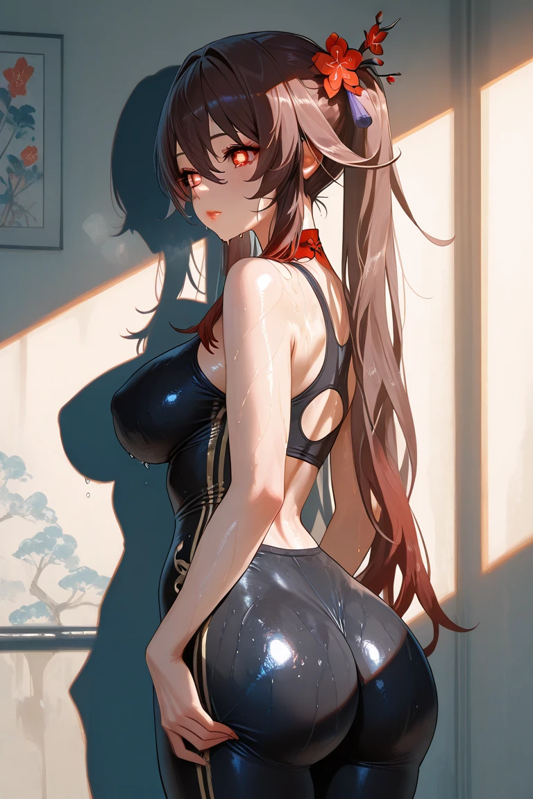 From the back,Stretching exercises,(Movie Scenes,Fantasy Art,Highest image quality,Surreal主义肖像,(8k),Surreal,best quality,high quality,HD,High quality textures,High Detail,Beautiful and detailed,fine,Extremely detailed CG,Detailed texture,True representation of the face,On the table,present,Dynamic,bold),1 Gill,Ultra-delicate skin,curve,,Beautiful breasts,Huge Breasts,Pale skin,Pointed chest,stand erect,Ponytail,(Very thin hair),(Super soft hair),(super straight hair),Sweep long bangs,very light copper amber hair,Hair covering one eye,Sportswear