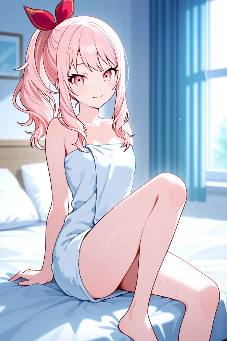 source_anime, score 9, Valentina, , sitting, crossed legs, on bed, Dongtan dress, pink dress, bra peak, hair up, looking back, holding weapon, stilletto, nervous smile, blush, mouth open, wavy mouth, indoors, cityscape, bedroom, day, clouds, potted plants, depth of field