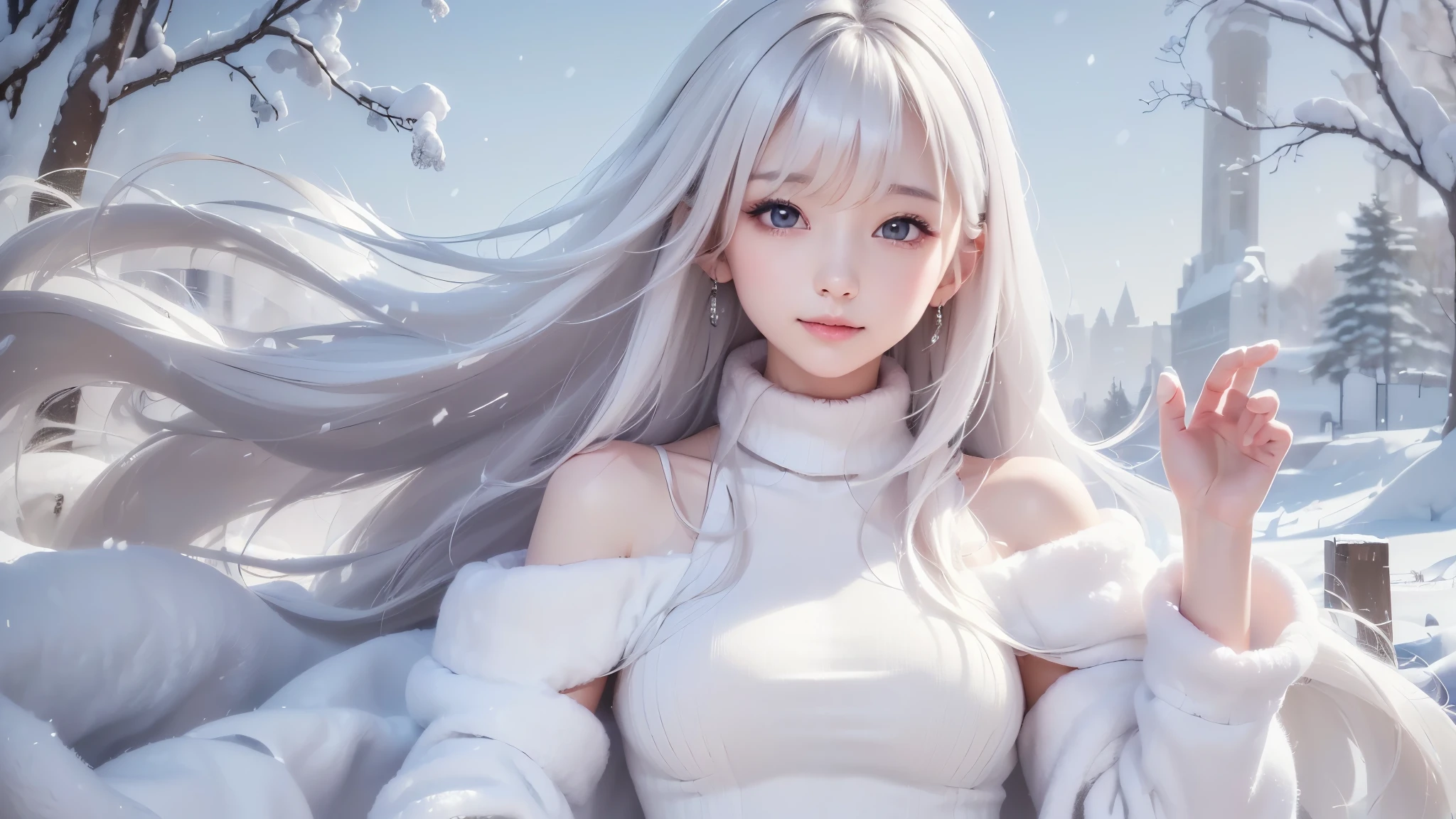 ((masterpiece:1.5、8k、table top、portrait、フォトリアリスティックでvery detailedなCG、very detailed、particle effect、dynamic effects、Drawing Boundary Depth、 cinematic lighting 、Lens Flare、ray tracing、table topをつまむ、realistic:1.4、Ultra High Definition:1.2、realistic、realistic))((alone、,girl wearing a white fur coat over a halter neck sweater:1.4、cute pose、 girl、detailed face、 bright表情、 young, bright, Whiter skin、small breasts、Looks great、ultimate beauty、 Silver Hair 、Bright and shiny hair,、Super Long, smooth, Straight Hair、hair fluttering like the wind))(、Snow wearing a white fur coat over an off-the-shoulder sweater )