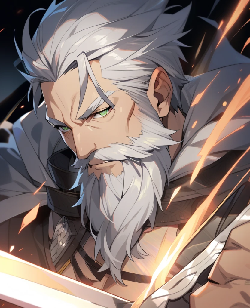 Anime, knight, muscular, long beard, elderly, topless, scars,