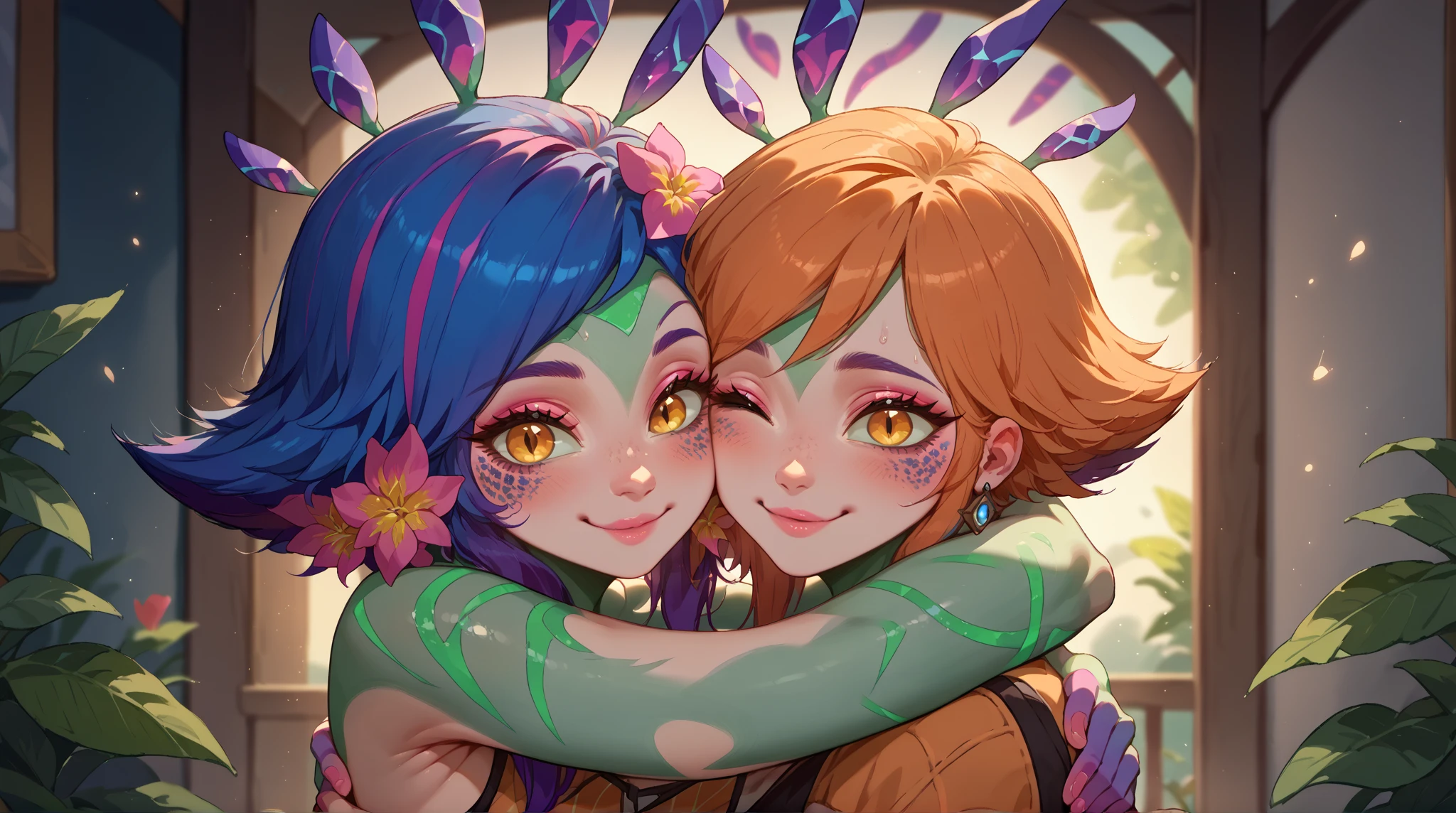 league of legends neeko, masterpiece, best quality, neeko, facial marks, hair ornaments, hair flower, blue sky, smile, closed mouth, <lora:neeko-nvwls-v1-final:1>, 2 person