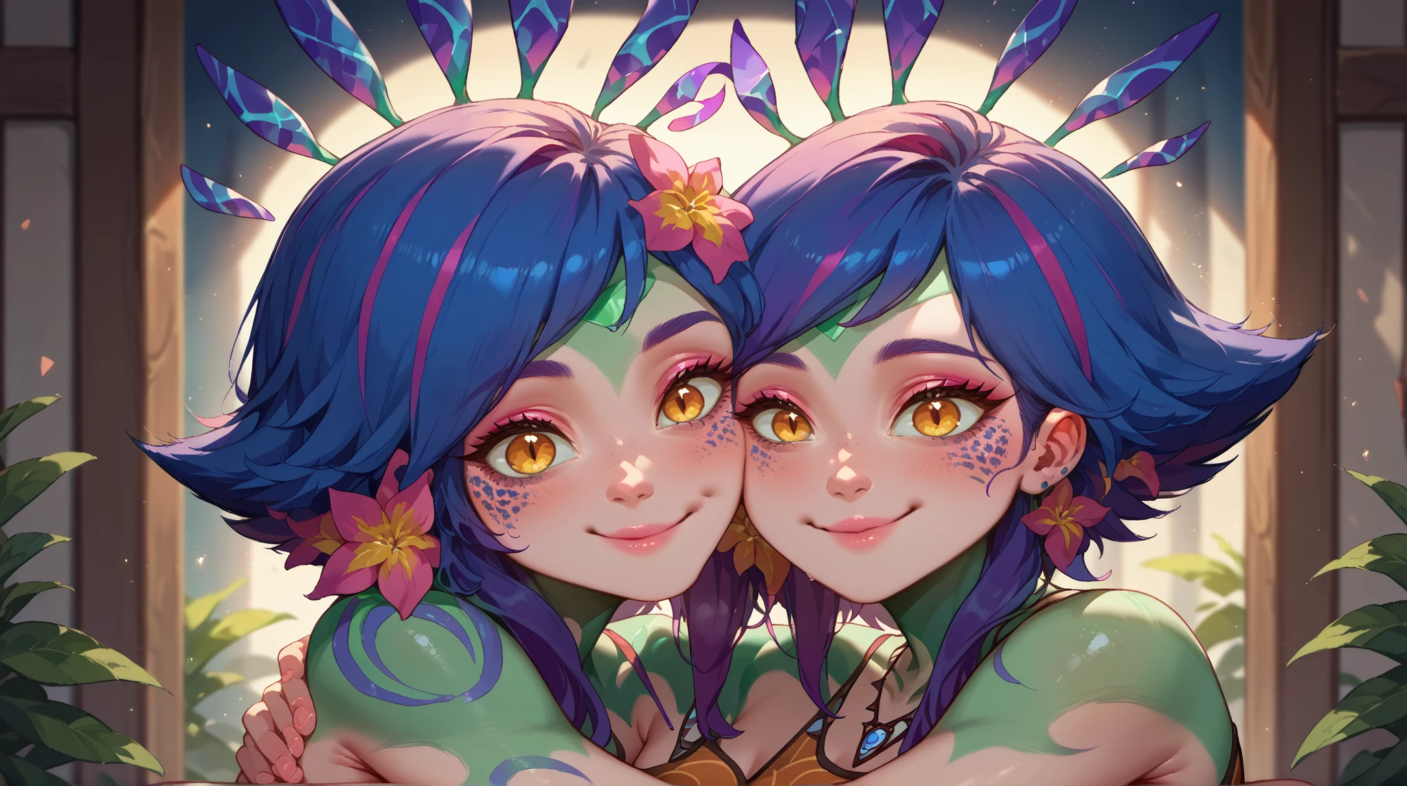 score_9, score_8_up, score_7_up, source_anime, uruseilum, lum, long hair, bangs, blue hair, (blue eyes;1.4), horns, pointy ears, aqua hair, oni horns, eyeshadow, navel, cleavage, swimsuit, bikini, strapless, animal print, yellow bikini, tiger print, strapless bikini, outdoors, grain, on side, blush, drunk, looking at viewer, dutch angle, cowboy, side, leaning forward, nudity, (realistic:1.4),