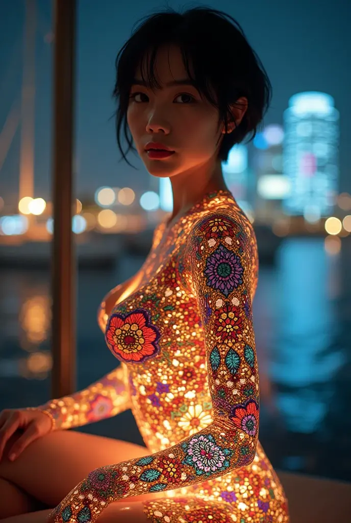 (masterpiece, Highest quality), 8k,(((Very detailed))), Race:1.8, Super intricate Race pattern, colorful Race pattern,Stained glass transparent body, Mandala,light up,cold, 1 female, Open Back, 18 years old、Japanese, beautiful girl, Intelligent face, Photo of Lee Jae, drinking champagne, sultry body with セクシー belly, Sexy girl, Young sensual elegance, Sexy body, delicious, Sexy look, Very Short Hair、Night viewのきれいな港で撮影、Night view、 Intelligent face、Narrow waist、Large Breasts、drool coming out of the mouth、Smile a little、EOS 50mm F2, Blur the background、Lighting the face、Sitting、Thighs、Bikiji、
