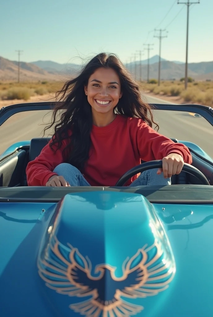  American teen girl in the car, mideum boobs, sexy, beautiful eyes, smile,black hair, in black top blue pants blowup the top , naked chest