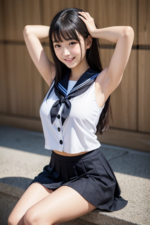 Highest quality、Portraiture、Japanese women、Genuine、1 person,,small,smile,(Aperture value F22,15mm value,ISO100 setting),8K quality,RAW Photos,Professional photography,Professional Lighting,((Hair swaying in the wind))、Young and radiant white skin、Shiny black hair、Smooth and fluffy semi-long hair、Hair tied with ribbons、((Flat Chest))、Shiny beautiful bangs、Clear, attractive dark brown eyes、Slim body、Best moment、small ass、whole body、(Japanese school gym uniform)、boost mood、Run at full speed、Hair swaying in the wind、Sweat gushing、Background blur、