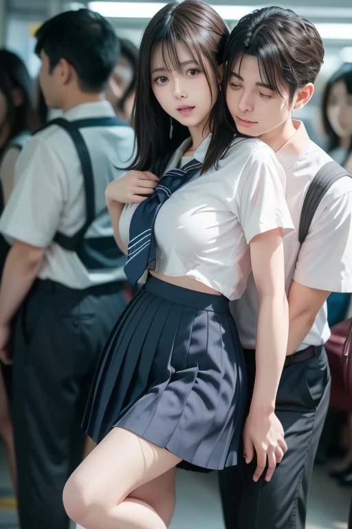 (((molestation:1.2, Elementary school boy touches her butt behind cute girl in crowded people:1.3))), Office lady suit、beautiful girl、Baby Face、Idol、Slender body line、Highest quality、Highest quality、Masterpiece、super high quality、Reality:1.37、(Detailed eyes and face:1.2、Professional photography techniques)、(The perfectly correct hand:1.1)、(Perfect Anatomy:1.3)、((Surprise pose))、(View the viewer、blush:1.2)、(Small beautiful butt:1.2)、(((Model body type、完璧な8頭身のbeautiful girl二人:1.2)))、((Beautiful high waist:1.3))