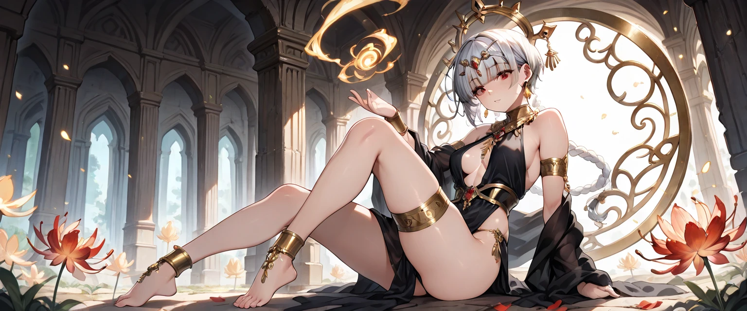 1girl, see-through, négligé, Ornate ornaments, sleeping quarters, Clothes that are transparent and show skin, full body, Penis between the breasts