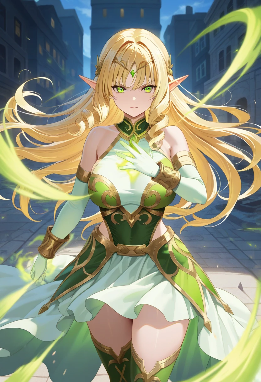 ((Masterpiece, Best Quality, High Definition, High Detail)))), ((((Fantasy))), One, (Elf Woman))))), (White Short Skirt with Gold Embroidery), (Blonde Long Straight Hair), (Fine Dark Green Eyes)))), (Green cloak armor with gold embroidery)), Big, (Strong Wind), (Cast spell)), (A lot of glowing grains are flying), ((( A vortex of light gathers in the hand))), ((((Magic circle of light with magic patterns and letters densely drawn in the background))), forest, (magic circle is reflected in the cloak)