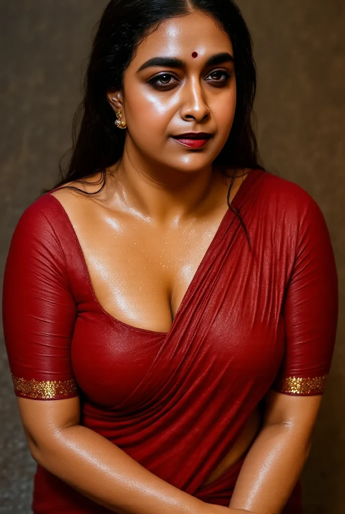 Looks like Indian Actress khushboo Sundar, actress khusbu Sundar, mallu, mallu aunty, desi aunty, full figured mature beauty, attractive figure, 48 years old, desi milf, desi aunty, a close up of a woman in a red dress in a bedroom, inspired by Avigdor Arikha, sleek!!!, indian super model, wavy hair combed to one side, actress, by Jitish Kallat, smoldering, intense smoldering, fashion, an angel, print ready, with a dramatic looking, inspired by Sudip Roy, seductive look