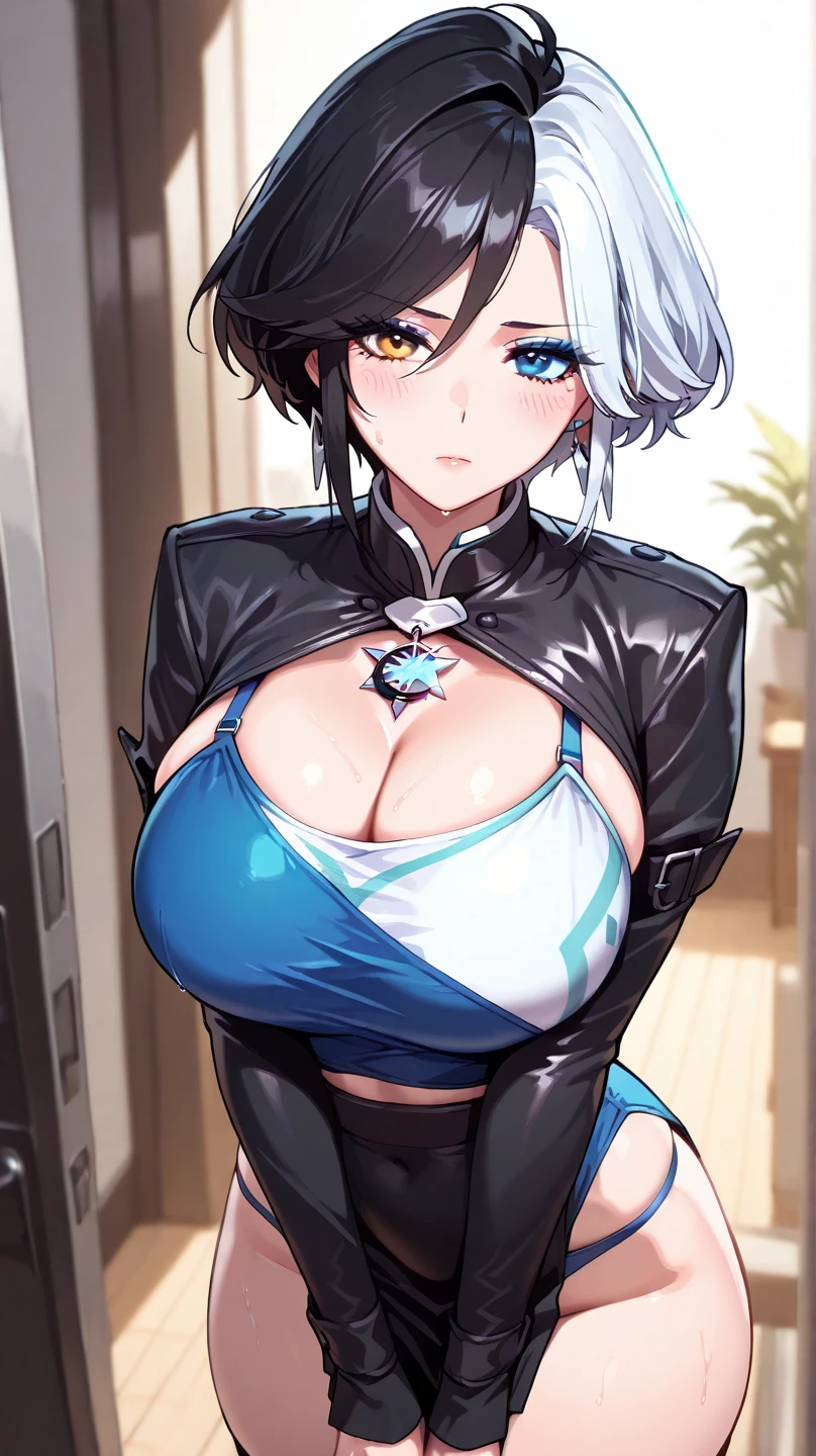 very, very big breasts、Long Hair、Gray Hair、ponytail hair、blue eyes、No bra、Nipples、Provocative clothing、Tight clothing、Cool off-the-shoulder jacket