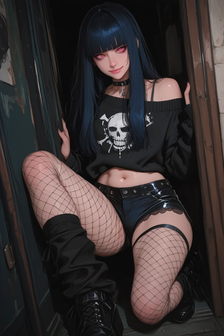 Araffe mulher com cabelo azul e meias pretas agachadas, preto e azul, goth girl, pale goth beauty, the anime girl is crouching, menina cyberpunk sonhadora, azul e preto, 1 7 - year - old goth girl, azul escuro e preto, ajoelhado e olhando para cima, cute face with arms and legs, menina bonita do anime agachamento