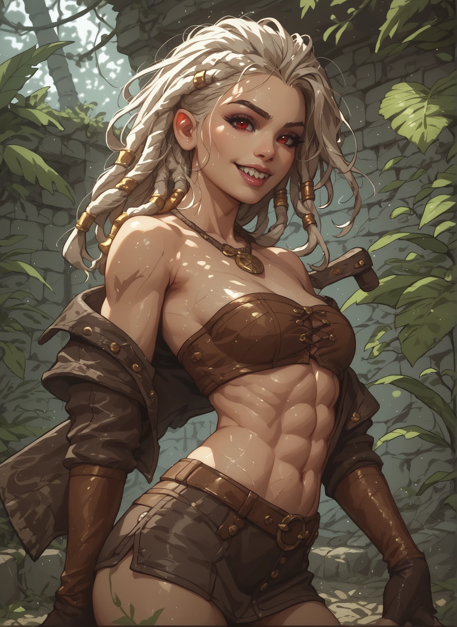 Slender body. White skin. Cute 18-year-old Asian girl with Asian red eyes and sharp teeth and dreadlocks with white highlights. She has a cute and beautiful face. She has a round and young face with a pointy chin. Her body is athletic with abs. She wears medieval an intricate medieval latex clothing with buttons. Background: medieval jungle ruins. Realistic lighting. DnD art-style. Looking at the viewer. She's got a massive butcher's blade on her back.