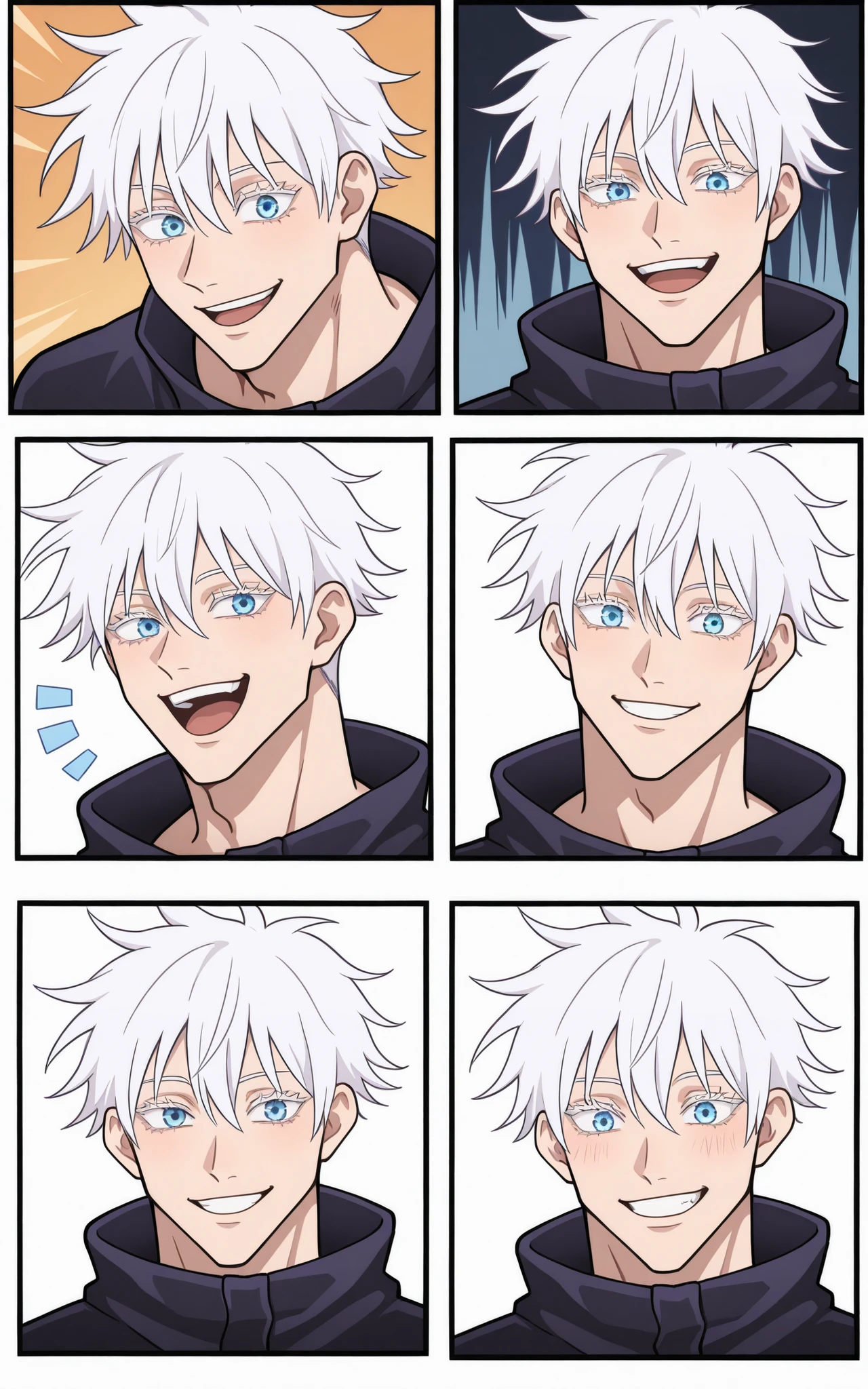various expressions, smiling, surprised, troubled, angry, annoyed
1man, adult, male focus, gojou satoru, jujutsu kaisen, white hair, short hair, ((hair between eyes)), colored eyelashes, white eyelashes, blue eyes, intricate eye iris, detailed eyes, muscular male, sexy man, handsome man, handsome face,
