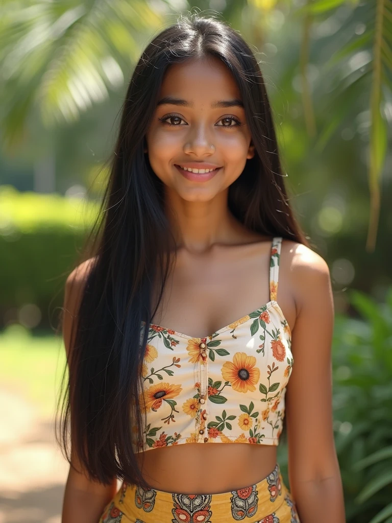 A beautiful 10 year-old   wearing a   Stylish tight coloured short gown, smiling with her beautiful legs exposed, she is Sri Lankan, she has long black hair,more poses