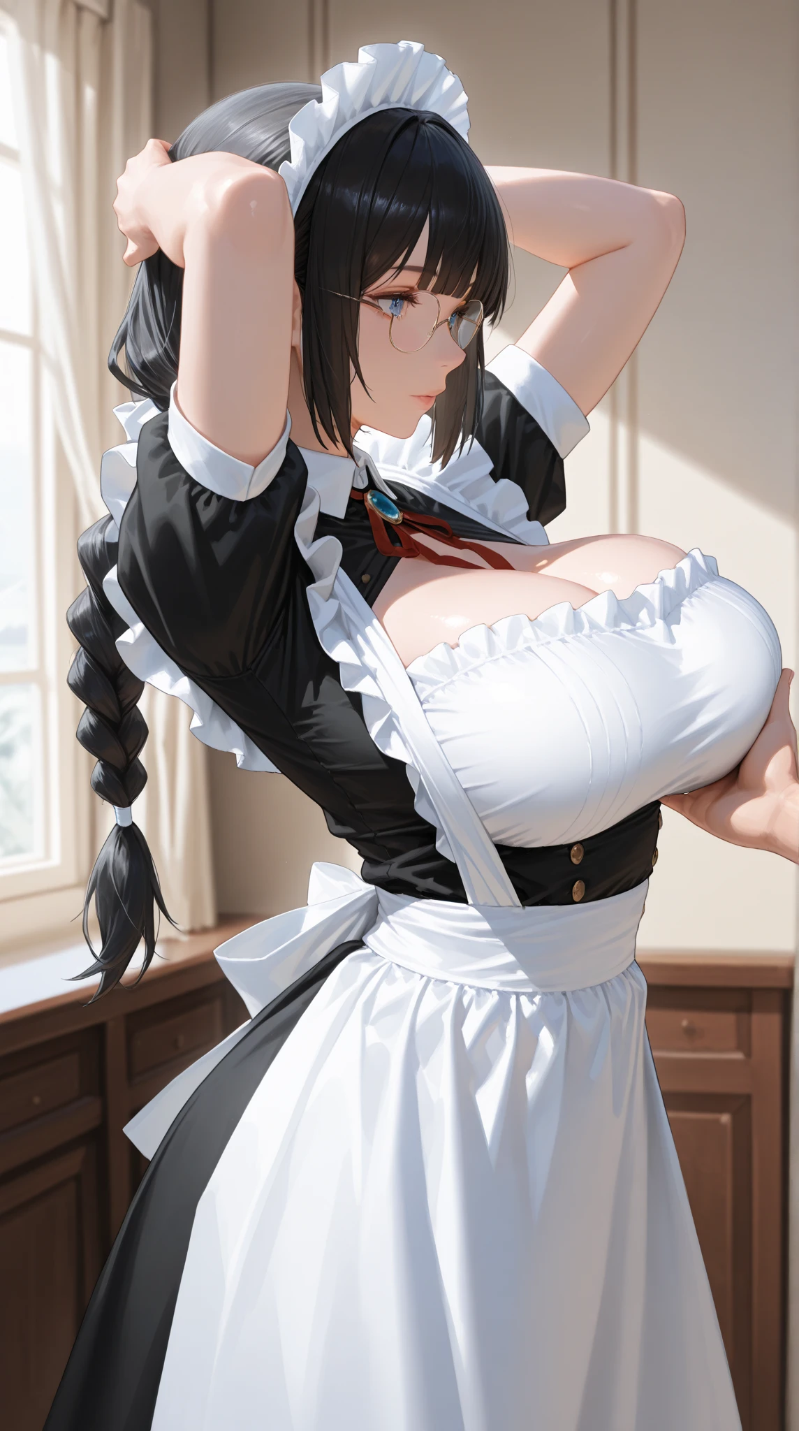 Brown hair, large breasts, maid outfit, cleavage, (close shot, head out of frame)