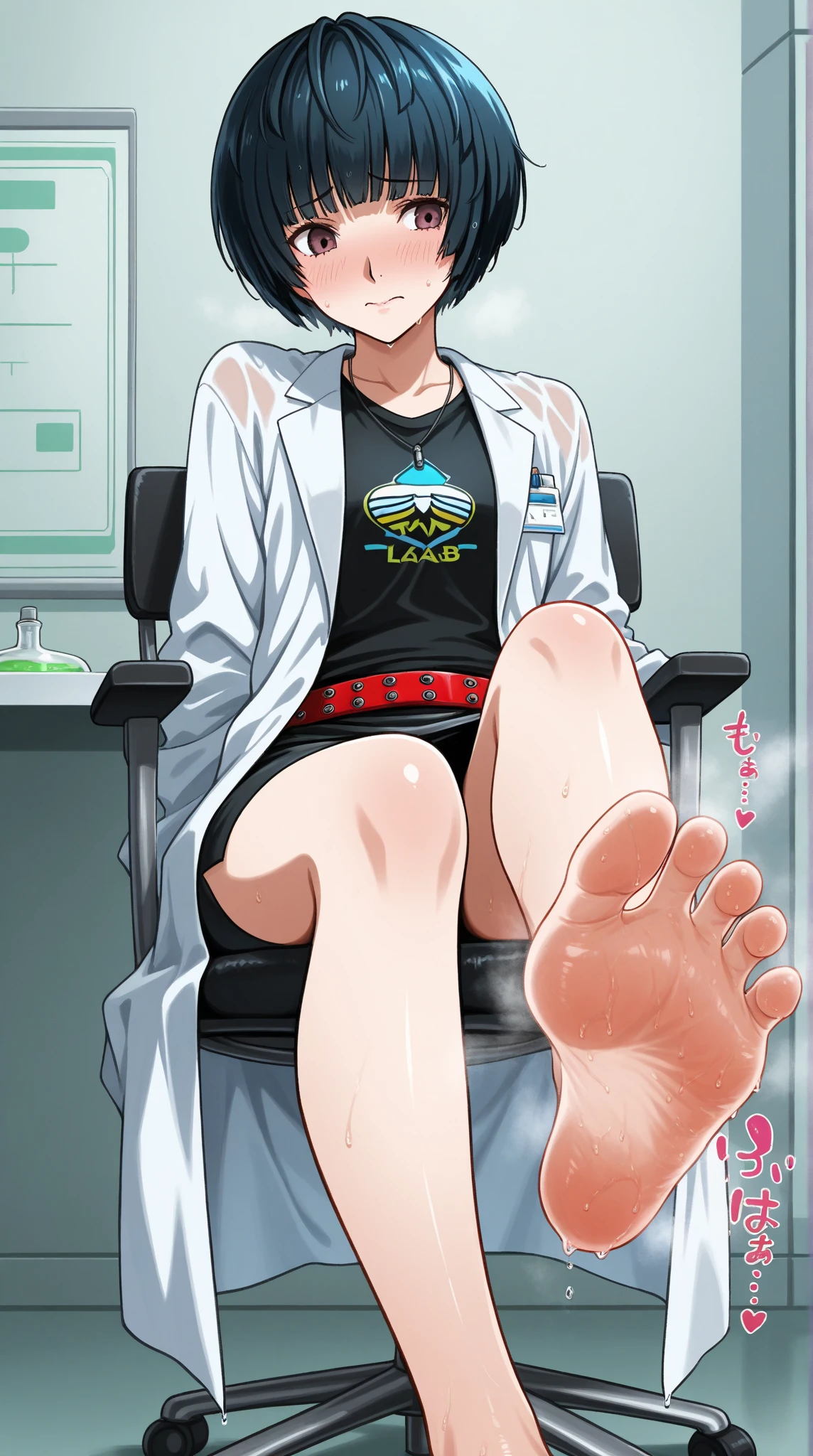 create the image of a 28 year old anime style character with short dark brown hair to the shoulder, round prescription glasses, skin fair, yellow seductive eyes, black jersey, lab coat and tailored pants, earrings and the body reasonably "big fit ass", she is lying on a stretcher without shoes with her beautiful feet tied with the soles facing forward and with her legs stretched out in front and her hands tied to the sides of the stretcher, and she is laughing a lot while 2 brushes scrub the soles of her feet that have 5 toes