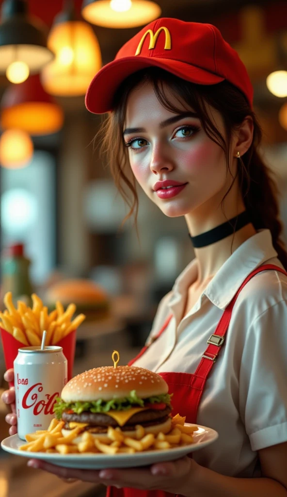 Cute woman, fast food worker, restaurant named 'Bimbos', all the food is boob themed. Staff in bikinis and high heels