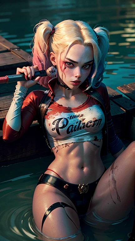 (NSFW) Harley Quinn, makeup, ((nude)), relaxing on a deserted tropical beach, dramatic lighting, (depth of field), ((masterpiece)), ((best quality)), ((highly detailed)), Gnarly Quim