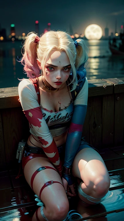 Harley Quinn, of harley quinn, squatting on the ground, Legs spread, (the camera is from bottom to top) , elevation, Bright big moon, Water's Edge, The water reflects the body,missionary vaginal,