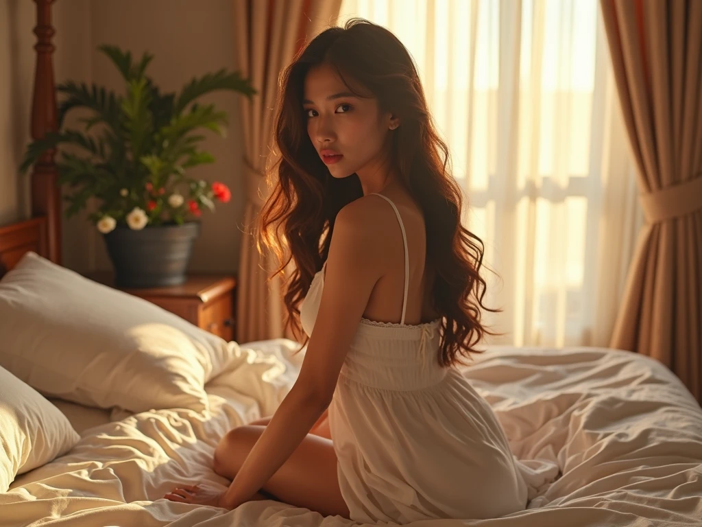 1 Japanese woman, age 17, alone, cute,Radiant white skin, look at viewer, Beautiful plump body, Blush, (Long wavy brown hair), (small breast),Milk squeeze, (green eyes), Eyes that are very life-like,Clearly see the pink nipples, A comfortable, thin white nightgown with a stylish off-shoulder design., Beautiful bedroom environment,Beautiful and realistic lighting,In the morning, Rain and sun,Beautiful colored curtained windows,Light passes through,Affecting the beautiful body,Realistic light and shadow, Highly detailed, Masterpiece, best quality, Highest quality, high resolution, (Masterpiece:1.2), realistic light, incredible light,Cinematic lighting