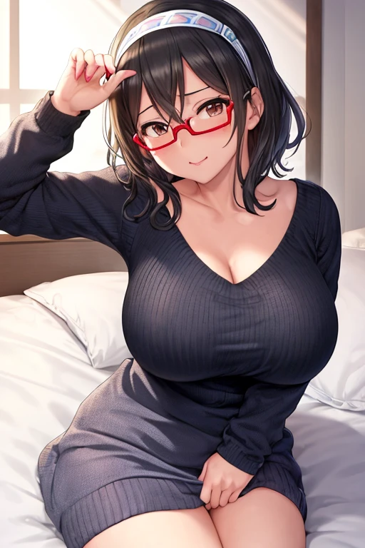 Adult female, highly detailed, glasses, short and messy black hair tied back, blue eyes with black pupils, focused, bedroom, black cardigan, jeans, lingerie perfect eyes, expressive eyes, high quality, walking, busty, embarrassed, happy, blushing, sweat, on bed, dark with lamp on