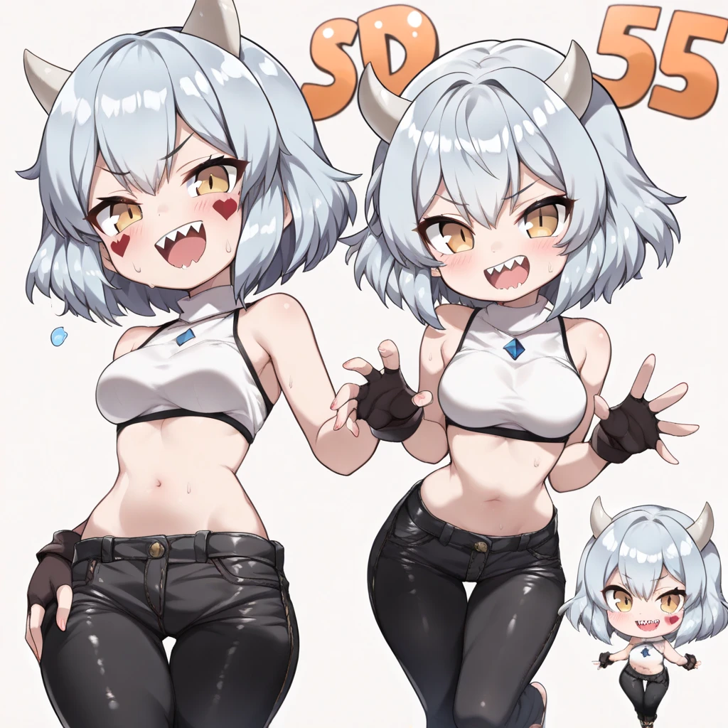 All kinds of people (Touhou),NUDE, ,spread both legs,arm behind head,flat chest,, squat exercise,whole body(from the top of the head to the toes),,female Bodybuilding,1 girl(Central photo).Jagged teeth,Gray Hair.Red goat horns,Pointed Ears,Red eyes