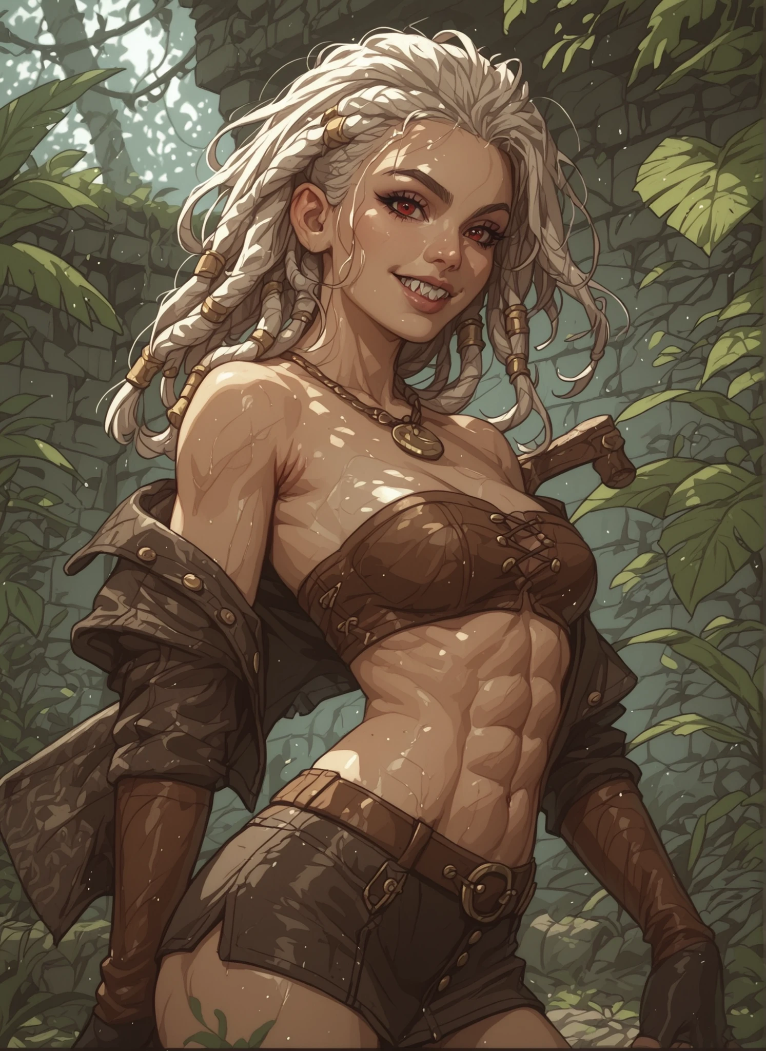 Slender body. White skin. Cute 18-year-old Asian girl with Asian red eyes and sharp teeth and dreadlocks with white highlights. She has a cute and beautiful face. She has a round and young face with a pointy chin. Her body is athletic with abs. She wears medieval an intricate medieval latex clothing with buttons. Background: medieval jungle ruins. Realistic lighting. DnD art-style. Looking at the viewer. She's got a massive butcher's blade on her back.