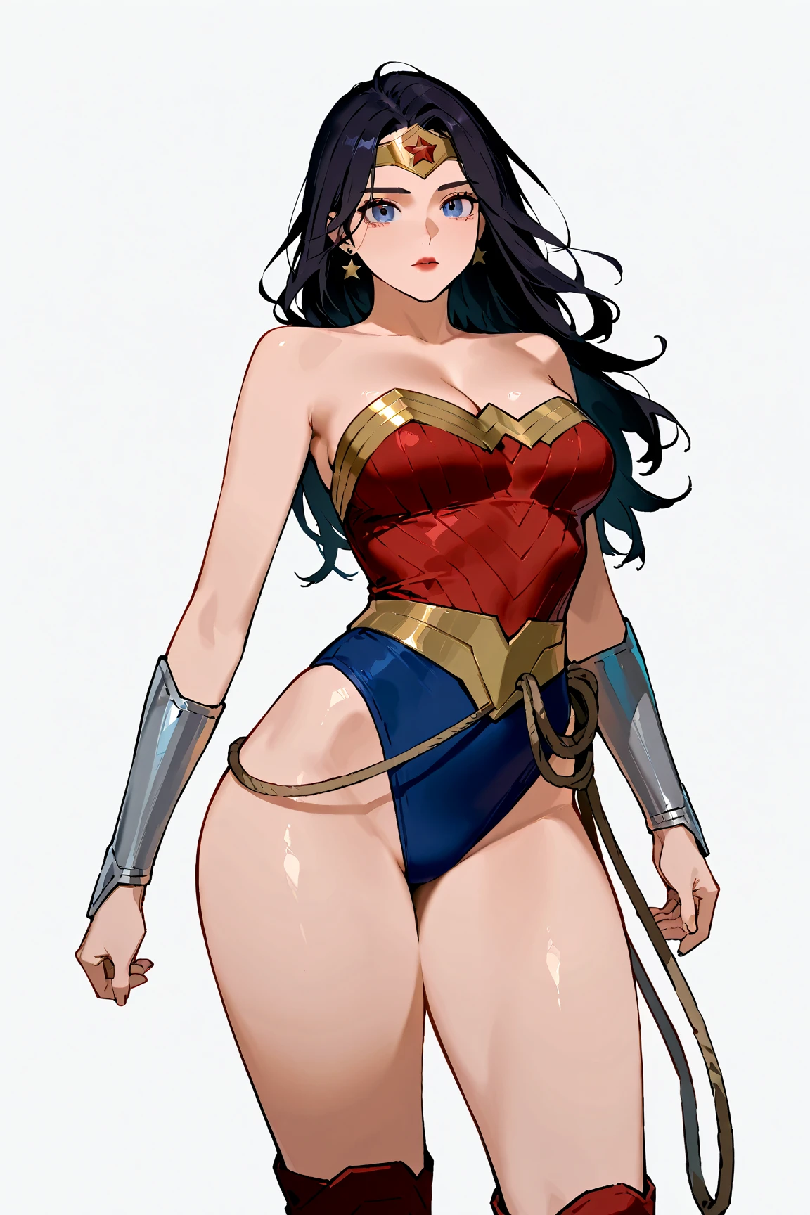 masterpiece, best quality, beautiful art, high resolution, well formed hands, body and fingers, 1 woman, solo, Imaizumi  Kagerou, wearing a wonder woman outfit , long hair, , adult, big breasted, cleavage, hair ribbon, full body, sexy and skimpy outfit , gorgeous legs and thighs , she is doing exercise, warming up, working out, sexy and captivating training, looking at the viewer, smiling joyfully and happily , sweating , bouncing breasts , training montage session, beach environment 