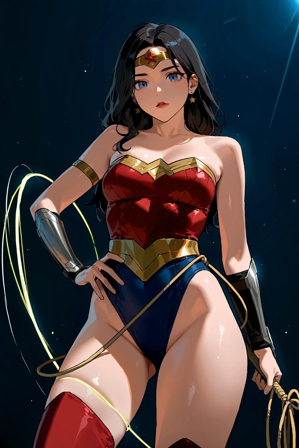 masterpiece, best quality, beautiful art, high resolution, well formed hands, body and fingers, 1 woman, solo, Ganyu, goat horns, wearing a wonder woman outfit , tiara , long hair,, adult, big breasted, cleavage, full body, sexy and skimpy outfit , gorgeous legs and thighs , dancing seductively and erotically, turning backwards and forwards, showing her back and front, showing her butt, bikini thong, smiling joyfully, looking at the viewer, flirting, beach environment