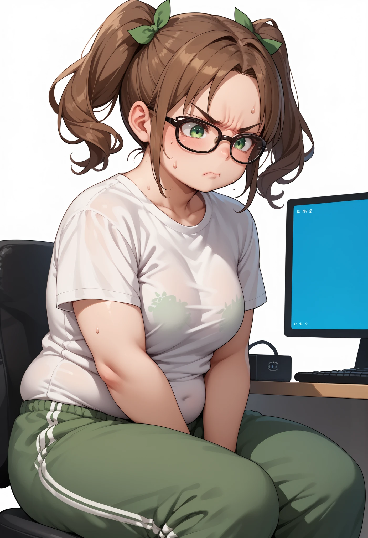 source_anime ,score_9, score_8_ up, score_7, ((White background)) ((japan woman)) ((1girl)) (solo girl) ,30 years old, rathing_questionable (White over size t-shirt:1.4) (green sweatpants:1.2), green eyes , (green tied in a double ponytail) ,(Brown cat glasses) ((small breasts:0.6)) , ((Chubby figure:0.9)) (Sitting here typing work at the computer.) angry