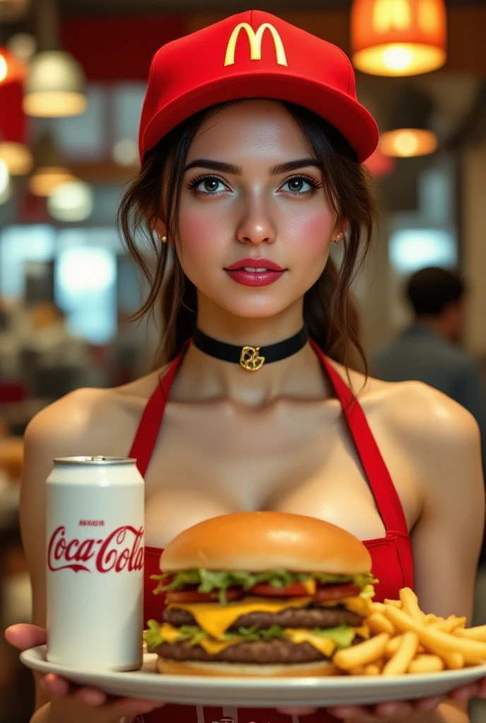 /imagine prompt:a blone instagram model sitting at a fast food resurant in a booth next to the window eating a chicken with a coke on the table,8k HD resilotion,red sweter,18 years old, hyper relistic,big breast,thick,kfc,