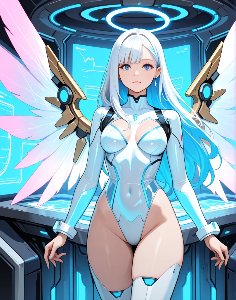 Woman in a futuristic suit standing in a futuristic city, Girl wearing mecha cyber armor, (Mechanized Valkyrie Girl), (Beautiful cyborg angel girl), Cyberpunk Girl Mecha, Unreal Engine Rendering + goddess, Cyberpunk Girl, Beautiful Caucasian girl cyborg、Medium chest、smile、(top-down bottom-up), full body, high heels.