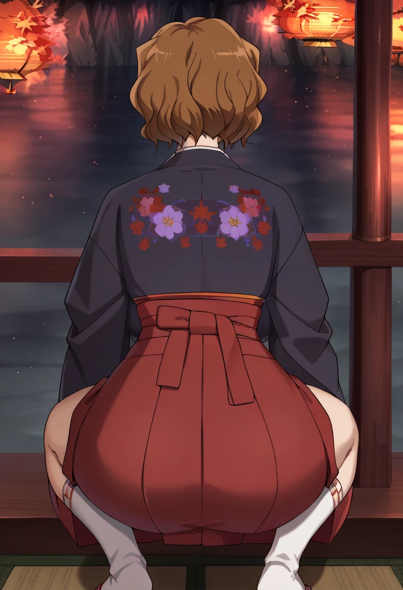 ((1girl)),((alone)),ogata rizu,(masterpiece), (best quality), (ultra detailed), (best illustration), (best shadow), (absurdities), sharp focus, cowboy shot , dynamic posture looking at the viewer, big breasts, narrow waist, wide hips, wide thighs, round butt, erotic, romantic, (very detailed eyes, lips 1.1), very detailed eyes, eyes, Very detailed face, Very beautiful face, height full, beautiful slim figure, femininity, expressive appearance, elastic big breasts, increased sexuality, orange hair, short hair, Japanese clothing, kimono, floral print, long sleeves, hair flower, hair ornament, bare legs, short stature , glasses, half-rimmed glasses, red-rimmed glasses, under-rimmed glasses, defined body, perfect and beautiful body, perfect and beautiful, , closed mouth, calm expression, blushing, (sexy pose: 1.2), ((solo)) , standing: 1.3, outside, cityscape, japanese festival, streets, night, fireworks, looking back, from behind, ((focus on ass)), point of view (from below), red blush, perfect anatomy , perfect hands,