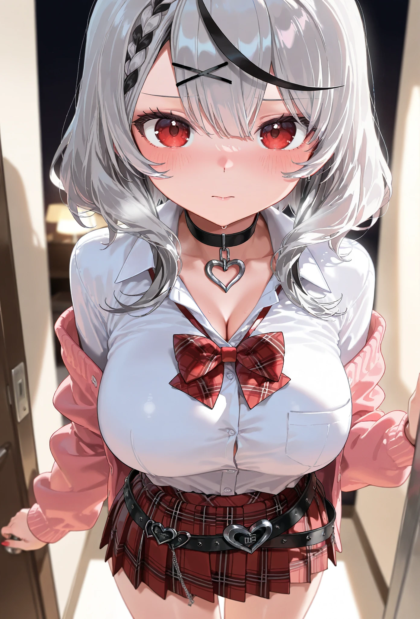 best qualtiy, hight resolution, ultra - detailed, hightquality, Teenage girl, 2D Beautiful Girl,kneeing on bed,The Girl'eyes full of love,tear drop,stick out her tongue, 黑The eye, Bedrooms, pouty, Flushed face, Shoulder, upper limbs, Hanging, 鎖骨, There are large drops of sweat on my chest,barechested,Wearing a collar around your neck,Teary-eyed,Nipples are visible,Cuffed,Brown hair,slaves,