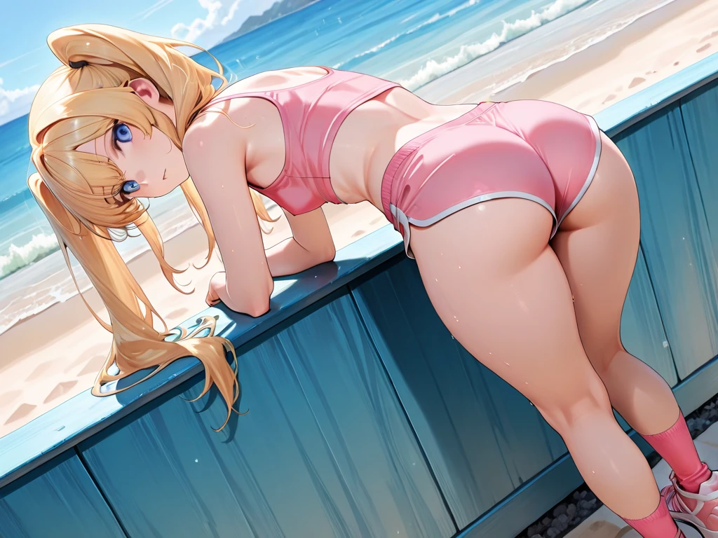 (ass focus:1.5),(20 years old women:1.1),blonde staright long hair,closed eyes,(Fainting:1.3),medium breasts,(dark blue bikini bottom:1.2),(lying on side:1.4),clear sky,on sand
