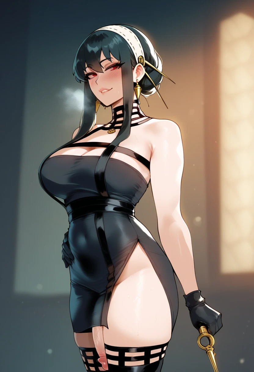 masterpiece, best quality, highres, aayorf, sidelocks, gold hairband, hair ornament, red eyes, gold earring, large breasts, choker, bare shoulders, black dress, two-sided dress, fingerless gloves, thigh boots, cowboy shot, standing, field, from side,