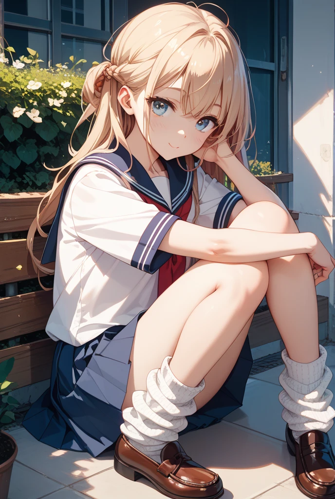 1girl in、A smile、The shirt、superskirt、(small tits)Chilarism、Japan High School Student Uniform、serafuku、summer clothing、Squall Drenched Uniform、(Sheer Bra)、Upper body portrait、blonde hair、Squatting panchira、showing white panties