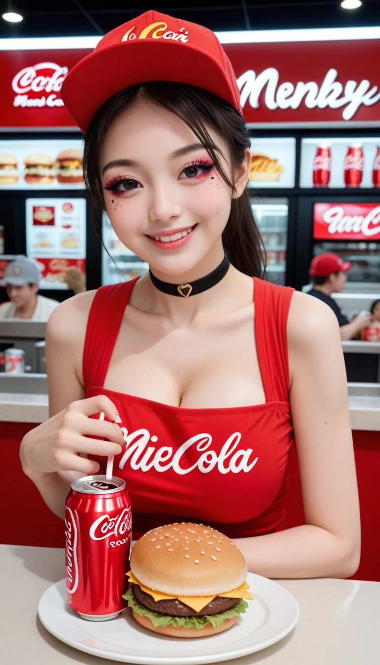 A smiling girl in mini red bikini beautiful round breast cleavage and visor featuring McDonald's branding stands in a brightly lit restaurant. She holds a large glass of soda in one hand and gestures triumphantly with the other. The table is set with a hot dog and drinks, while colorful decor featuring McDonald's elements is visible in the background.