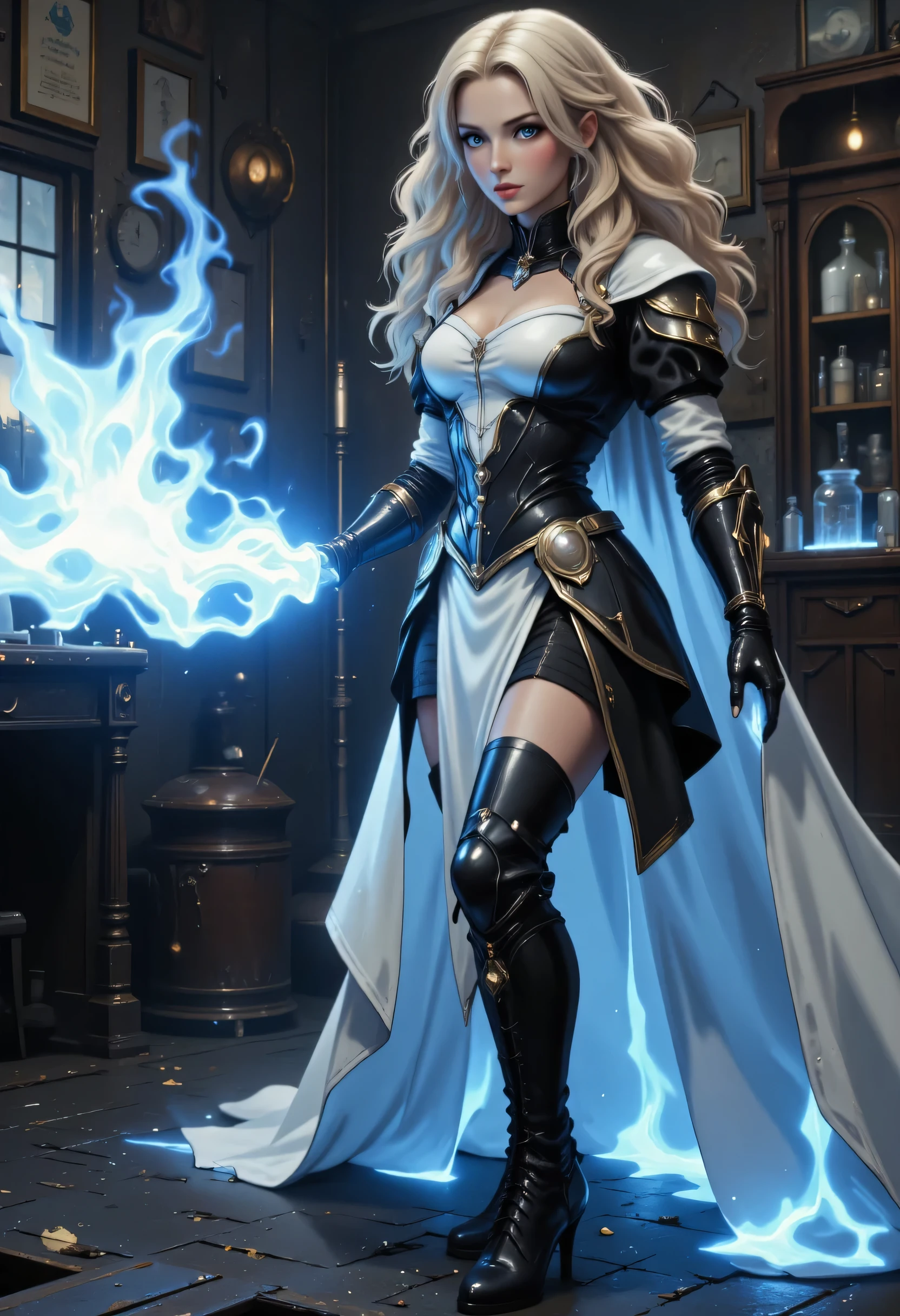 a vintage photo made in 1890's, black and white picture, the only color is blue, of a mecha woman wizard, standing proudly, manipulating magical blue fire, ((only the fire is blue)) extremely beautiful woman (best Detailed, Masterpiece, Hyperrealistic) blond hair, rich hair, wavy hair, dynamic eyes color, wearing black and white dress, wearing (white cloak), wearing (pantyhose), wearing high heeled boots, laces boots, make up, steampunk laboratory background fantasy art, steampunk art, RPG art, photograph, RAW,  Best Detailed,, ultra best realistic, best details, best quality, 16k, [ultra detailed], masterpiece, best quality, (extremely detailed), ultra wide shot, photorealism, depth of field, hyper realistic painting, GLOWING STYLE, blue fire, mechanical parts  Celestial Fantasy, zavy-ctcmcs,  hyp3rd3tail style, Celestial Fantasy, zavy-dtlnm, glow outlineת