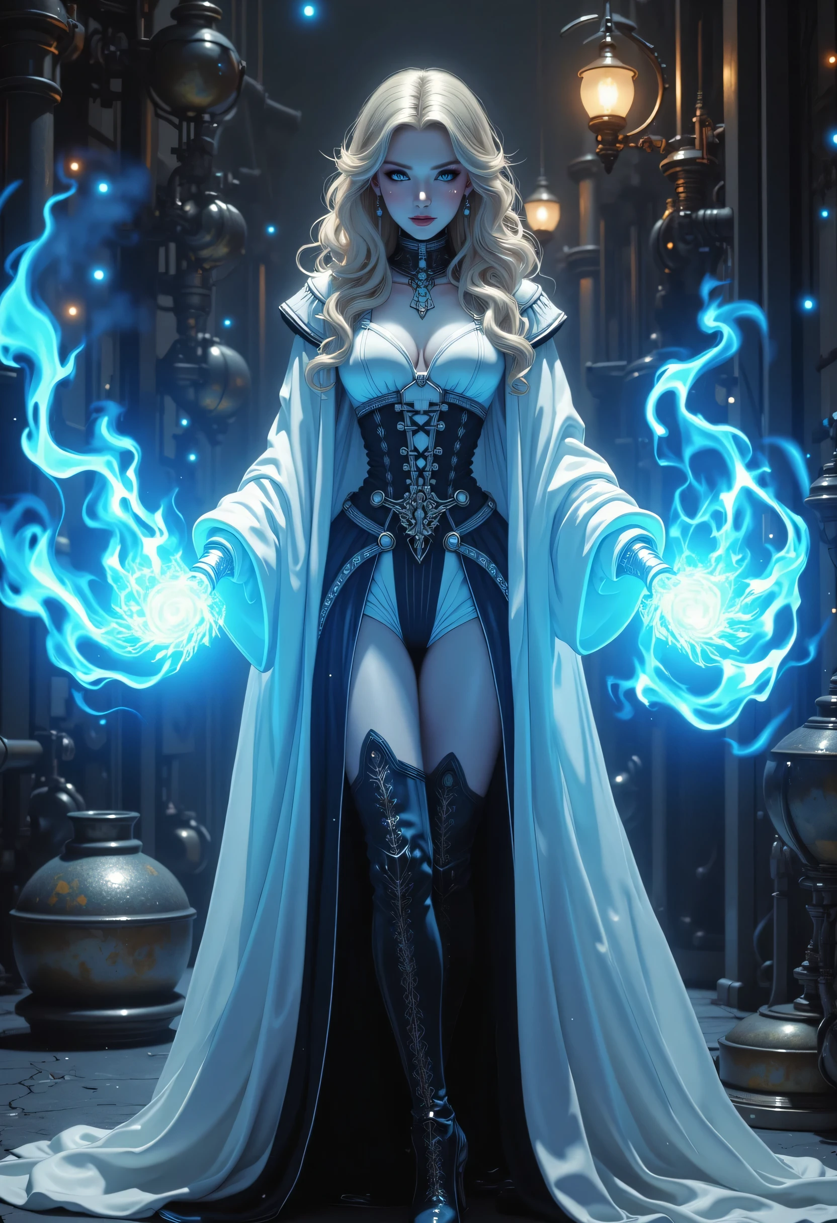 a vintage photo made in 1890's, black and white picture, the only color is blue, of a mecha woman wizard, standing proudly, manipulating magical blue fire, ((only the fire is blue)) extremely beautiful woman (best Detailed, Masterpiece, Hyperrealistic) blond hair, rich hair, wavy hair, dynamic eyes color, wearing black and white dress, wearing (white cloak), wearing (pantyhose), wearing high heeled boots, laces boots, make up, steampunk laboratory background fantasy art, steampunk art, RPG art, photograph, RAW,  Best Detailed,, ultra best realistic, best details, best quality, 16k, [ultra detailed], masterpiece, best quality, (extremely detailed), ultra wide shot, photorealism, depth of field, hyper realistic painting, GLOWING STYLE, blue fire, mechanical parts  Celestial Fantasy, zavy-ctcmcs,  hyp3rd3tail style, Celestial Fantasy, zavy-dtlnm, glow outlineת