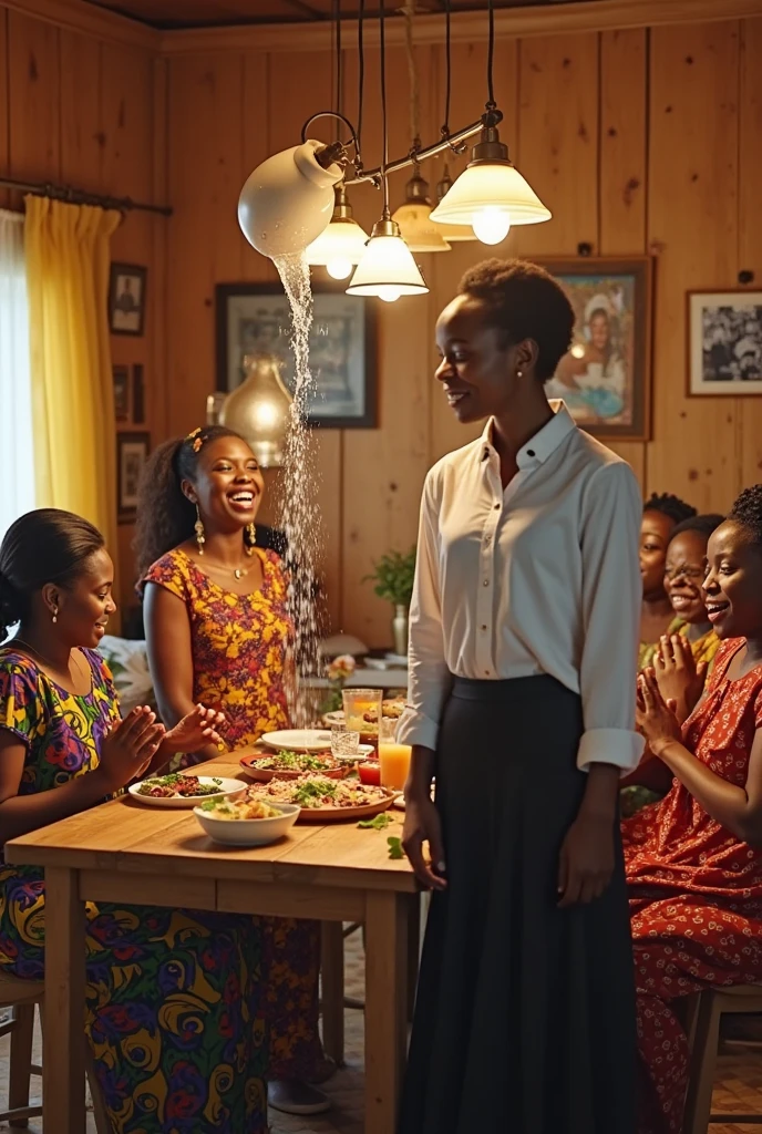 Visualize a snapshot that embodies community and togetherness: individuals in comfortable attire—bermudas, skirts, and trousers—gathered in a cozy living room. Amidst shared moments of meal-sharing or prayer, their expressions convey deep connection and warmth. Soft, gentle lighting envelops the scene, emphasizing the closeness and camaraderie felt among them, creating a heartfelt depiction of human connection. absurdres, high details, high quality