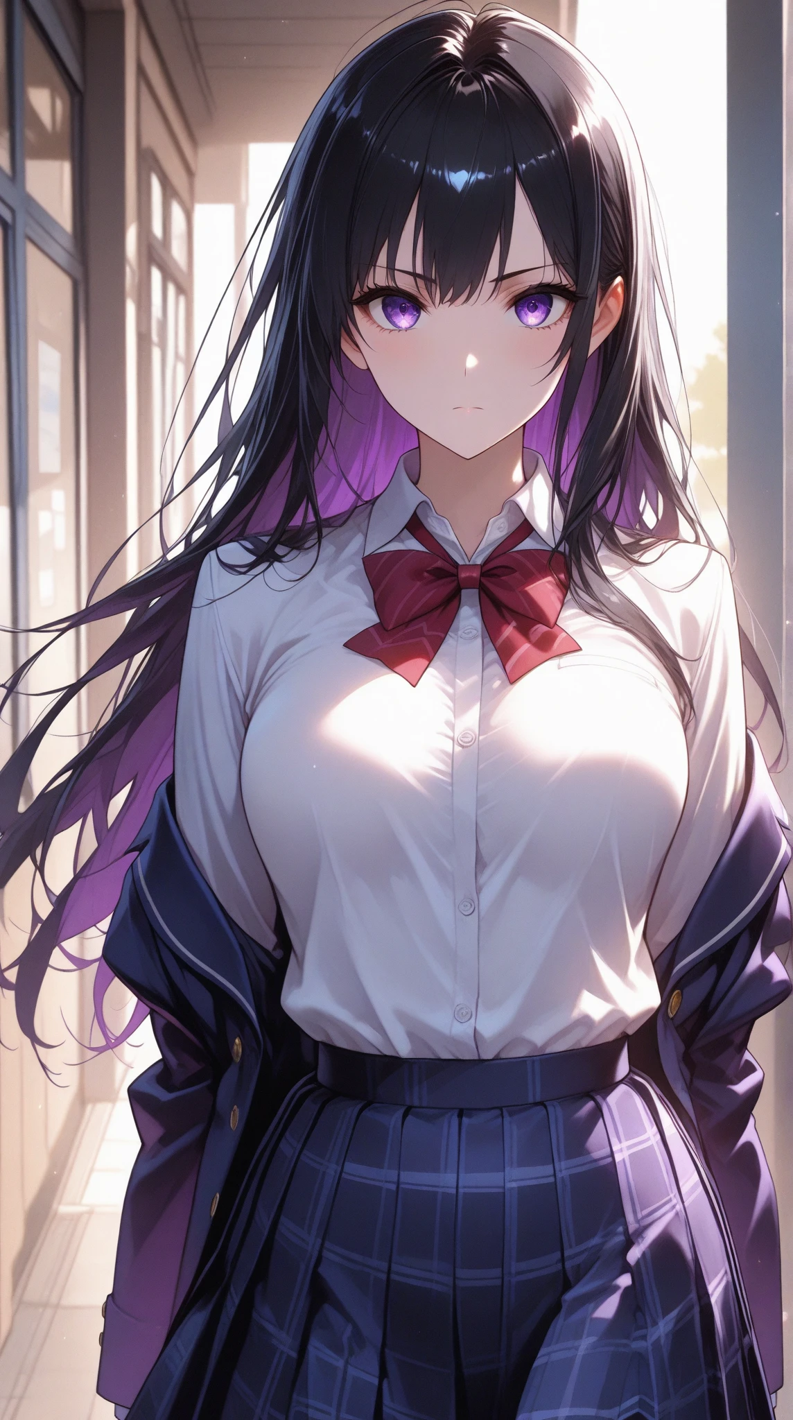 (masterpiece:1.37), best quality, (extremely detailed:1.37), (1girl:1.5), woman, (mature:1.5), (adult:1.5), large breasts, very long hair, (straight hair:1.5), (very dark purple hair:1.5), purple eyes, (extremely detailed eyes:1.37), hoodie, jeans, desperation, (wetting self:2.0), standing, embarrassed, humiliation, blushing, angry, (crossed arms:1.5), office, indoors, window, cityscape, full body