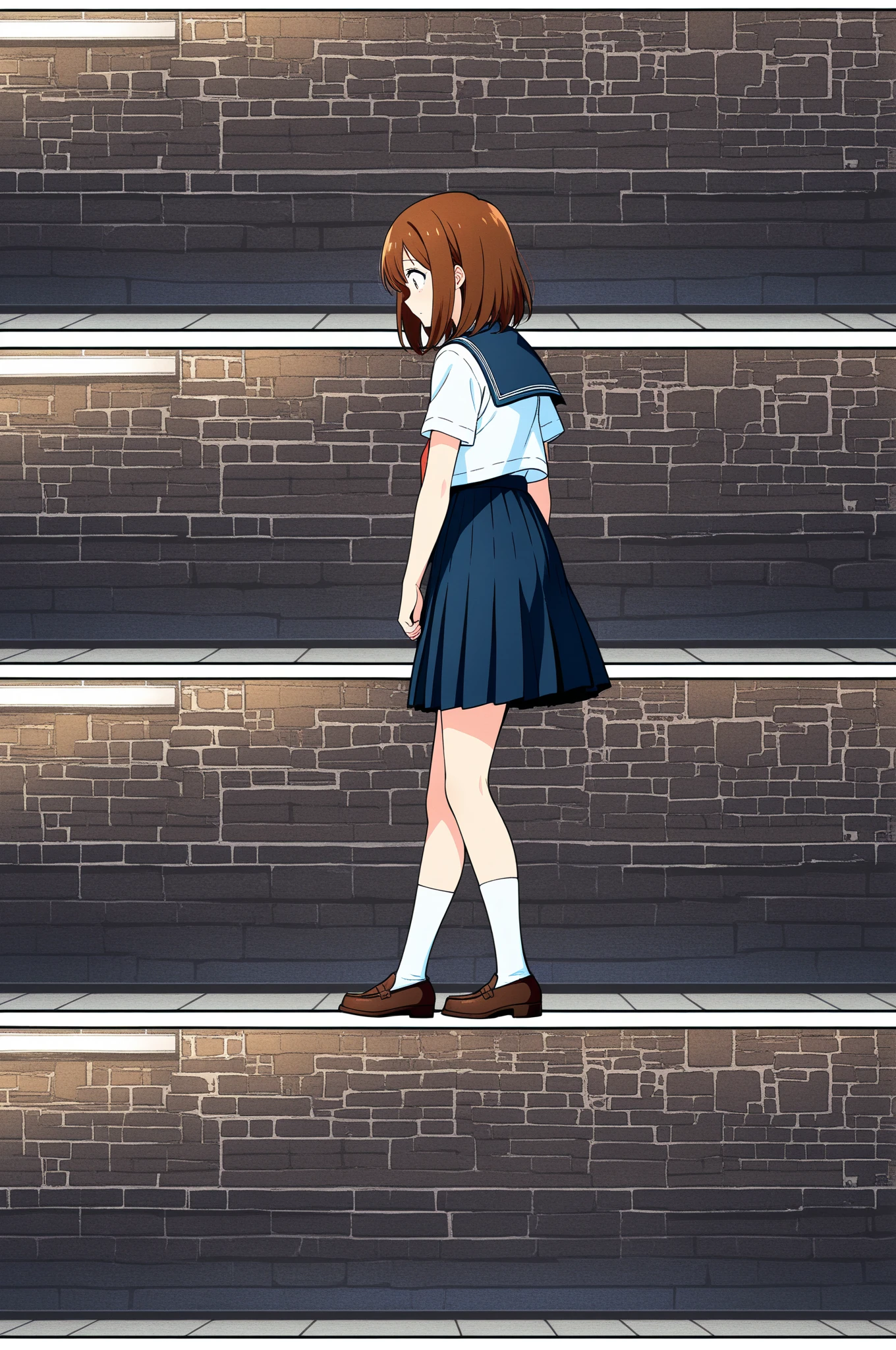 Create a high-resolution, natural-looking digital illustration of a teenage Japanese girl. She has a youthful, round face with a comforting and gentle expression. Her long, silky brown hair flows smoothly down her back, and she has clear, beautiful skin. The setting is under a pedestrian bridge, and the shot is a full-body view taken from a low angle. She is climbing stairs with a strong wind blowing, causing her summer  skirt to flutter slightly. She has large, expressive black eyes. Her summer  consists of a short-sleeved white blouse with a light blue ribbon tie and a pleated navy skirt. The background includes the underside of the bridge, a few stairs, and some green foliage peeking through. Ensure the image adheres to all policies and portrays a wholesome and friendly vibe.