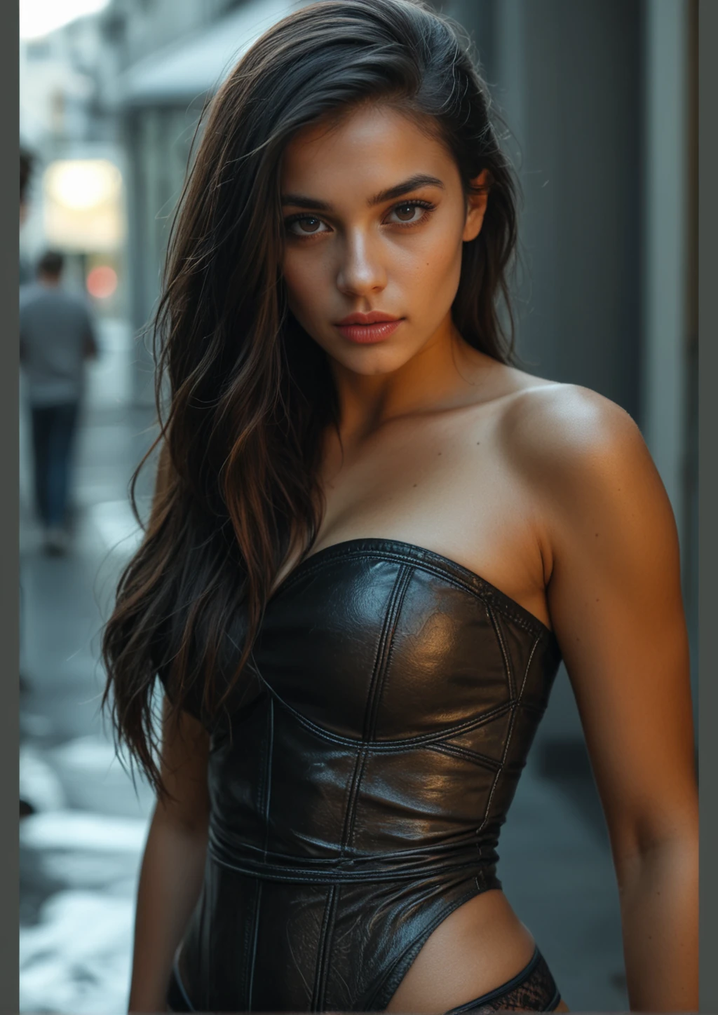Full face portrait photo of 25 year old European girl, RAW, beautiful woman, semi-open strawberry lip, dimples, wistful expression, (brown hair with extra long wavy), ((detailed face)), ((detailed facial features)), (fine detailed skin), pale skin, cyberpunk megacity environment, (cool color), moist, damp, reflection, (masterpiece(Detailed details) shot with Canon EOS R5 (Realistic Photos) (Realistic Photos) (Detail) 50mm Lens, f/2.8, HDR, (8k) (Wallpaper) (Cinematic Lighting) (Dramatic Lighting) (Sharp Focus) (Complex), RAW Photography, RAW Photography, Gigachado Photography, Camera Pose, Back Arm, 8K UHD, DSLR, High Quality, Grain Film, Fujifilm XT3, Film Stock Photo 4 Kodak Portra 400 Camera F1.6 Lens Rich colors Ultra-realistic textures Dramatic lighting Unreal Engine Art Station Trends Cinestir 800 Tungsten, Toughboy Style, Ultra Focus Face, Intimidating, Black and Long Hair, Muscles, Bursting Veins, Beads, ((Black Corset Dress)), medium size beautiful breast, 

 ....Tall, Athletic, Triangular Face, Fair Skin, long brown Hair, hazel Eyes, [[Curved Nose]], Thick Lips, Round Chin, Instagram model, cheerful smile, medium breasts, coral stain lipstick,
Masterpiece, hi res, 8k, award winning, RAW photo, high quality, 35mm photograph, film grain, bokeh, professional, 4k, highly detailed, 
