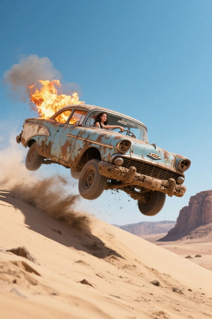 Mad Max style photo of young female, blonde dreadlocks, mech armour, driving dune buggy, desert sands, dust clouds, abstract beauty, near perfection, pure form, intricate detail, Mushroom Cloud, winner of the year's best photo, the world on fire, post-apocalyptic hellscape military photography, photo epic of the year, fire on the horizon, epic cinematic shot, pure form, intricate detail, 8k post-production, High resolution, super Detail, trending on ArtStation, sharp focus, studio photos, intricate detail, Very detailed, By Greg Rutkowski, 8