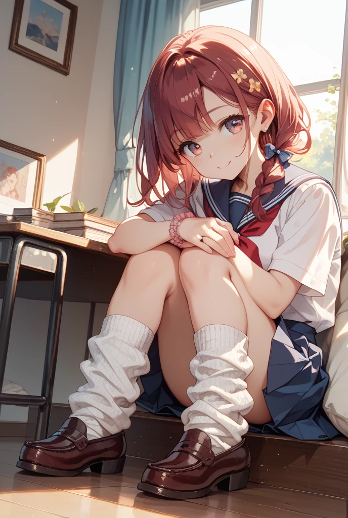 (highest quality:1.2, Very detailed, Latest, Vibrant, Ultra-high resolution, High Contrast, masterpiece:1.2, highest quality, Best aesthetics), (((1 girl))), Red Haired Girl, Brown eyes, Shy blush, Sailor suit, Pleated skirt, Hands between legs, Sit down, Strike a Pose, photo shoot, School classroom, Sharp focus, The view is from bottom to top, Gazing Eyes, Beautiful Skin, Shiny skin, Perfect Fingers, Five Fingers, Anatomically correct, Background Blur.