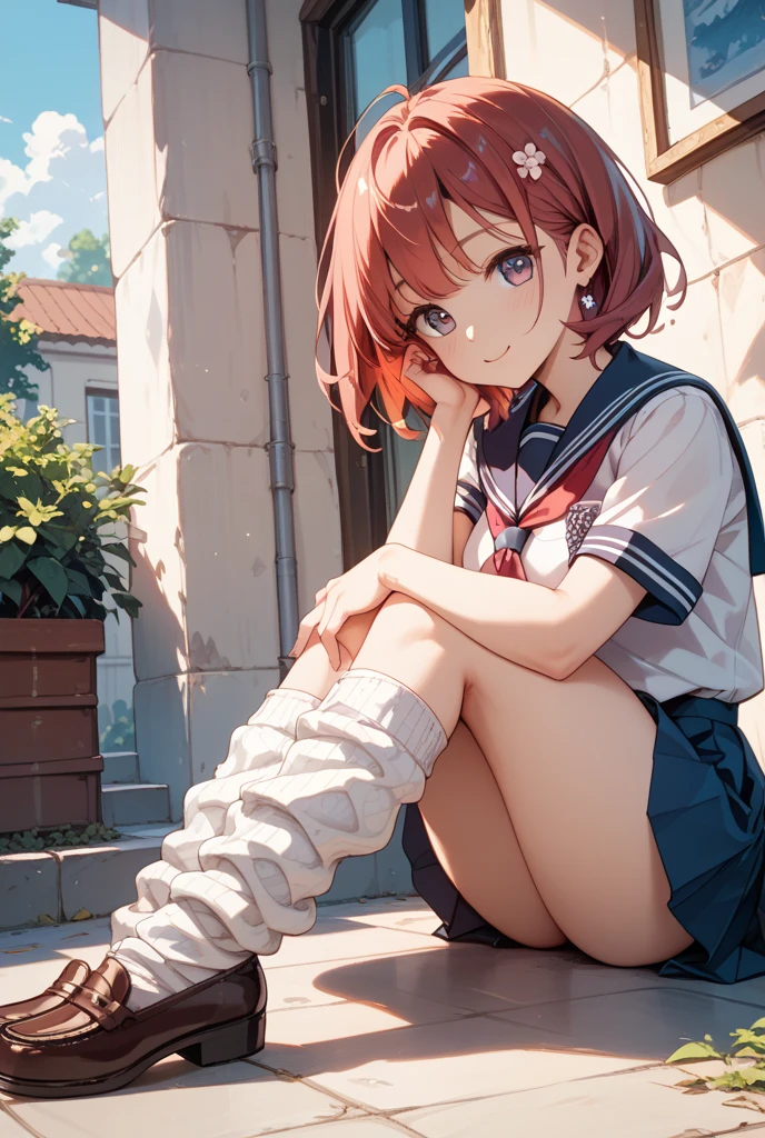 absurdres, highres, BREAK looking at viewer, full body, (from below:1.5) BREAK (vivid-color:1.3) BREAK (one girl:1.3), (:1.2),red hair, blue eyes, tennis uniform, hairclip, earrings, jewelry, nm1, hair ribbon, short hair, tennis cosplay, (pleated super short skirt:1.4), (thighs:1.3), large breasts, (grin, great laughter:1.3), open mouth, (folding one's arms:1.3), (breast:1.3), round eyes, (blowing in the wind:0.5), sweat around girl, dripping sweat, (((Very pretty panties))), (sit on a bench:1.3), (bare feet:1.3), (foot focas:1.2),(two feet:1.3), crossed legs, looking down,looking at viewer, perfect foot,(emphasis on the soles of the feet1.3), from below ceiling, breath, pov, (shiny skin:1.1), squall (wind:1.2), sense of speed, refreshing breeze, motion blur effect, wind BREAK background is (tennis court:1.3), (Stand in the center of the screen:1.3), (10,000 people spectators:1.3), multiple people behind you, blue sky with clouds, outdoors, (magnificent panorama view:1.2), wind BREAK sunlight, magnificent view, rainbow in the sky, light particles, dynamic angle, dutch angle, perspective BREAK (daytime, sunbeam:1.2), depth of field, bokeh, light leaks, (chromatic aberration:1.2), noon BREAK